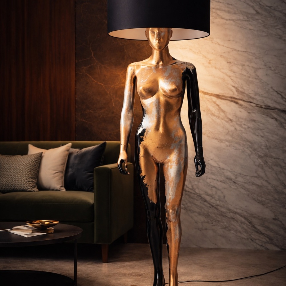 Gold & Black Sculptural Female Floor Lamp - Home Art Accent